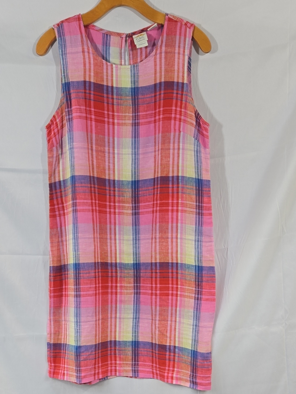 C&C California Pink Red Multicolor Linen Plaid Sleeveless Shift Dress 4
